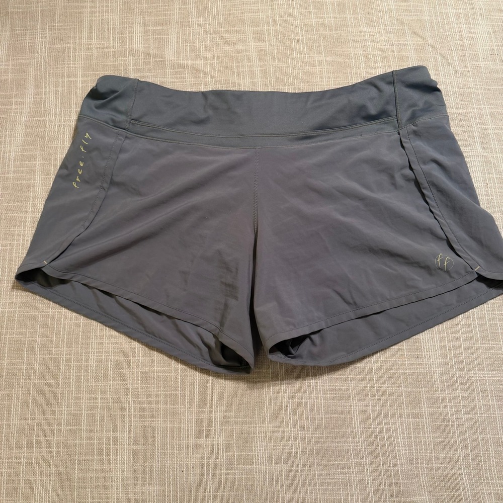 Free Fly Women XL Bamboo Lined Active Shorts Grey Green Running Hiking Back Zip
